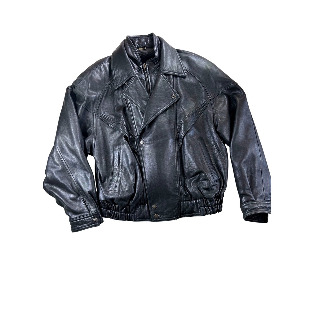 J Elkins by Alamo Uomo Mens Black Leather Bomber Jacket Faux Fur Lined Large